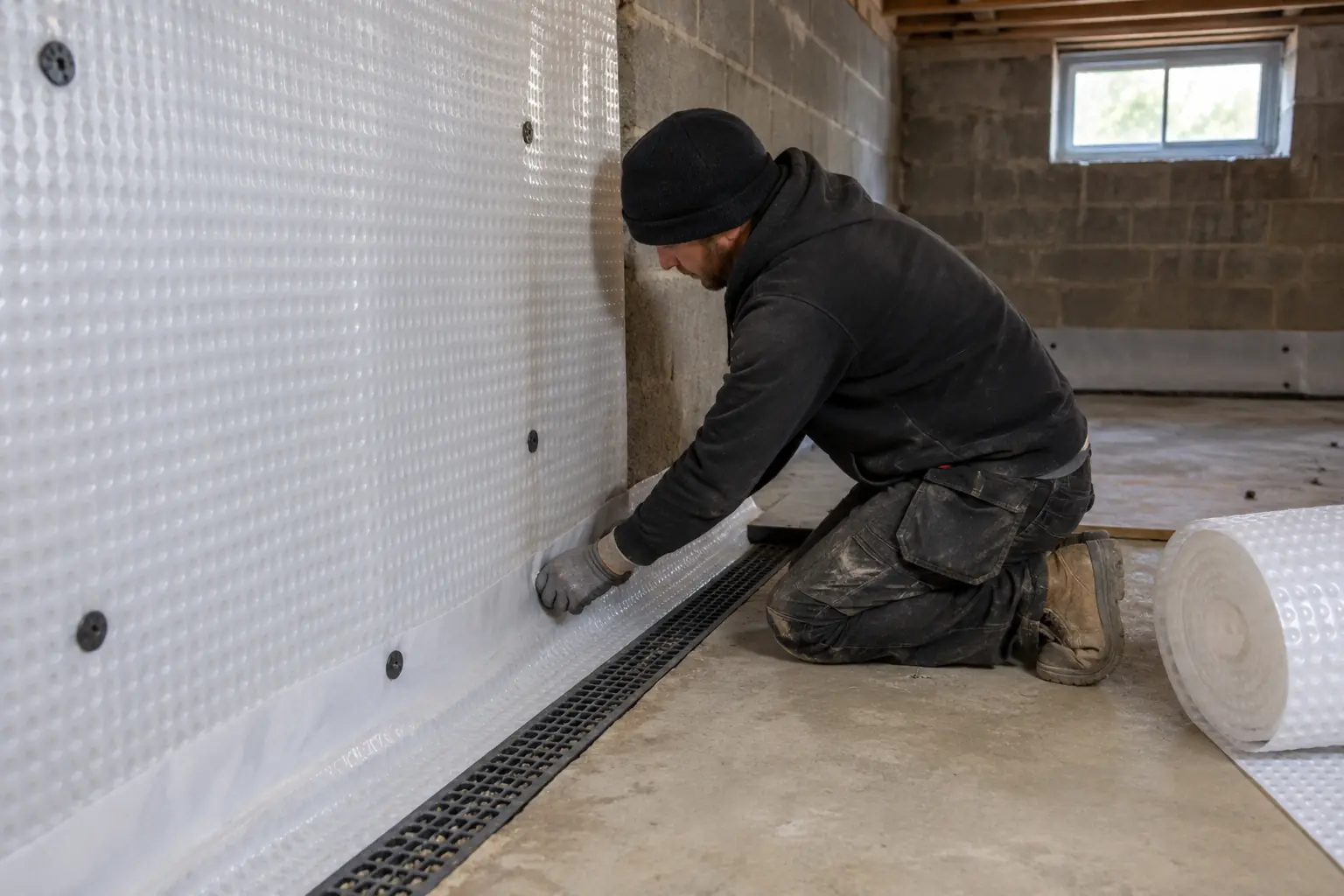 Basement damp treatment — Specialist fitting white studded waterproof cavity-drain membrane to the inside wall of an unfinished basement, carefully sealing the wall-floor junction over a visible perimeter drainage channel. Below-ground masonry room, gloves, detailed membrane texture and realistic fixings.